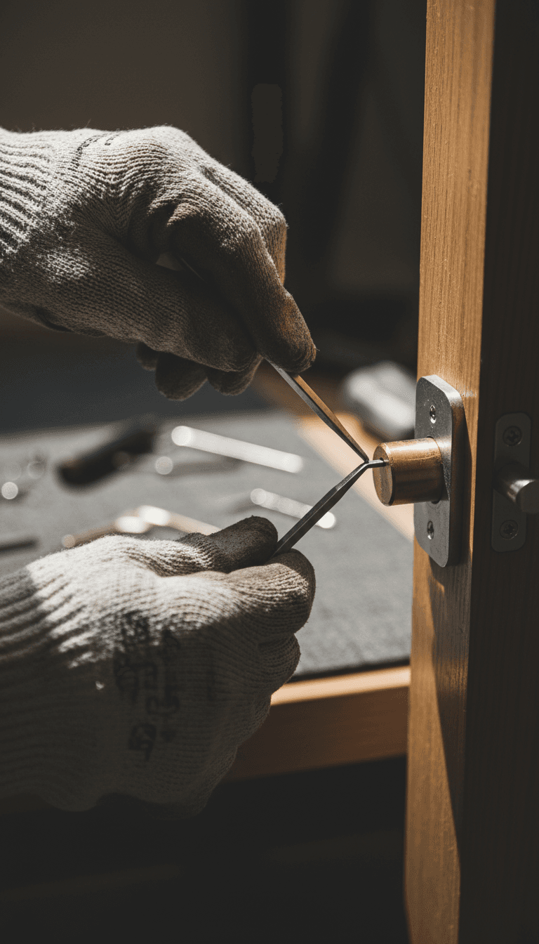 Locksmith's hands working on lock mechanism with precision tools